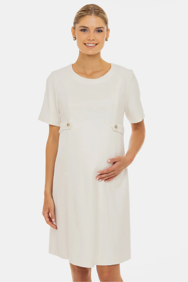 Rochie pentru gravide din stofă boucle cu detalii elegante aurii