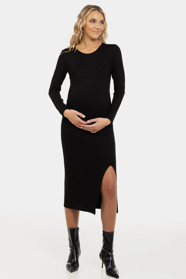 Rochie neagra lunga pentru gravide cu fentă laterală