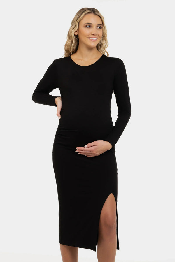 Rochie neagra lunga pentru gravide cu fentă laterală