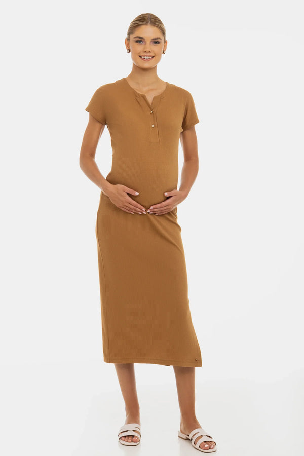 Rochie din bumbac rib pentru gravide și alăptare – caramel