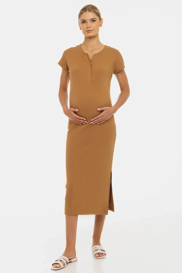 Rochie din bumbac rib pentru gravide și alăptare – caramel