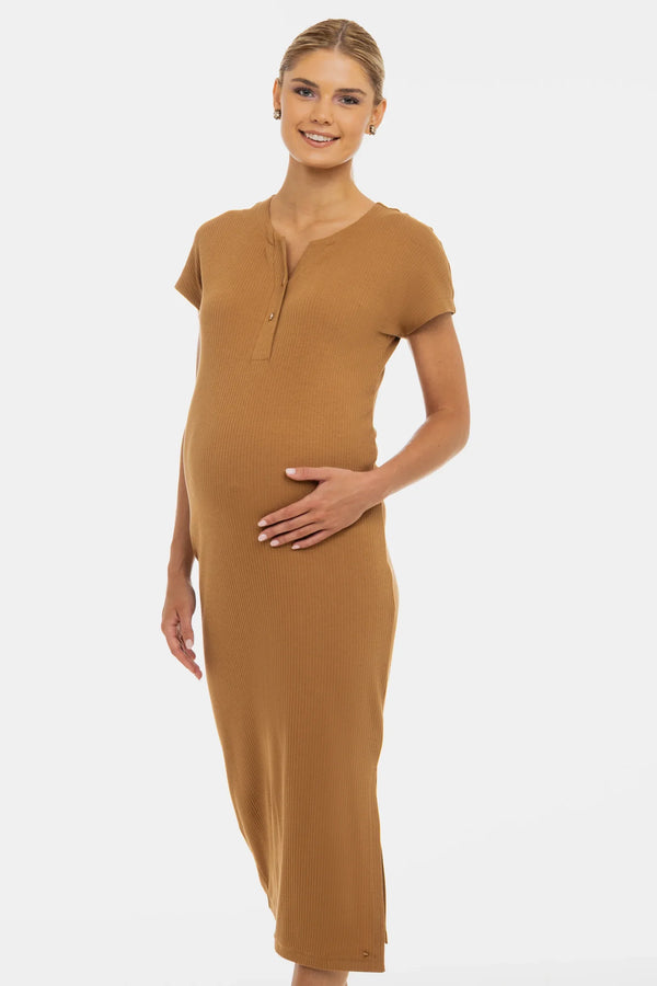 Rochie din bumbac rib pentru gravide și alăptare – caramel