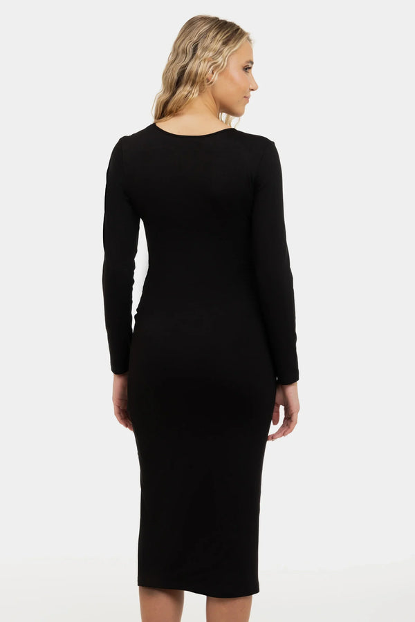 Rochie neagra lunga pentru gravide cu fentă laterală