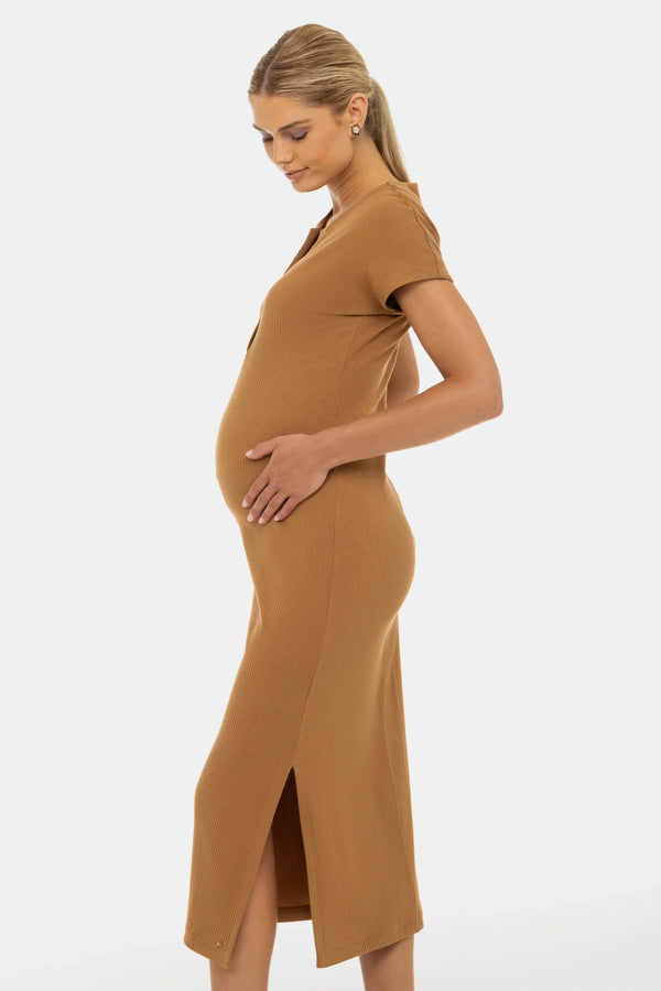 Rochie din bumbac rib pentru gravide și alăptare – caramel