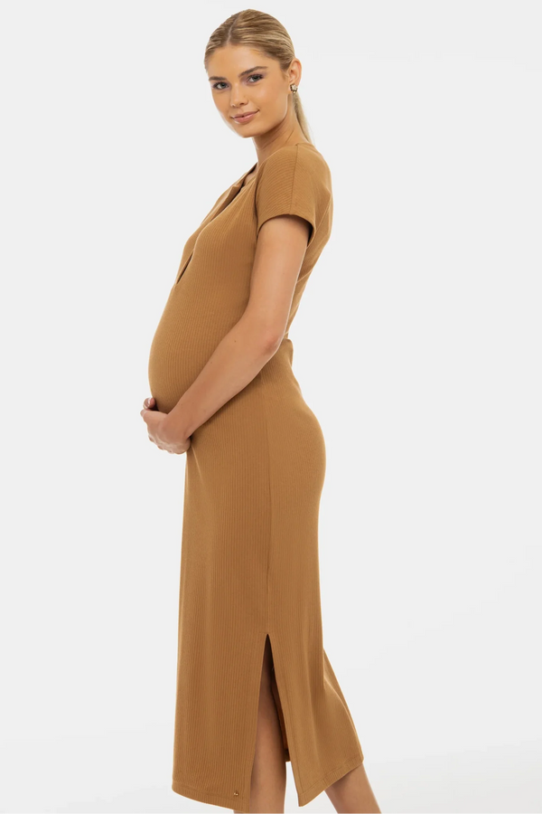 Rochie din bumbac rib pentru gravide și alăptare – caramel