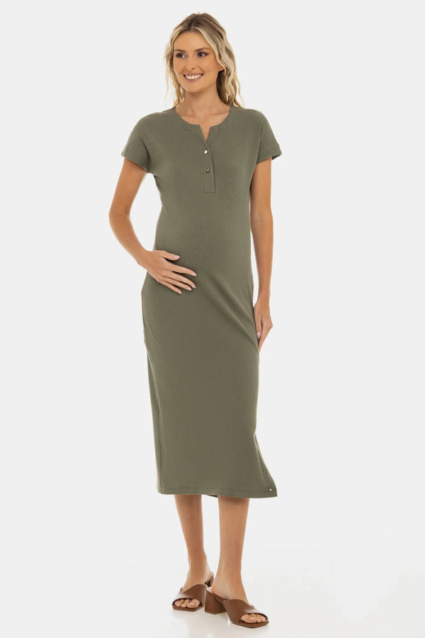 Rochie din bumbac rib pentru gravide și alăptare – khaki