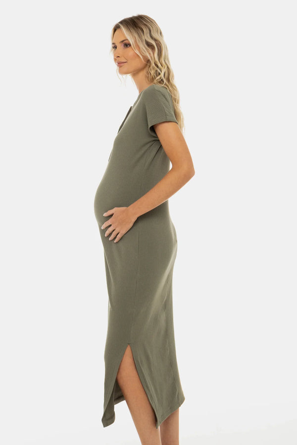 Rochie din bumbac rib pentru gravide și alăptare – khaki