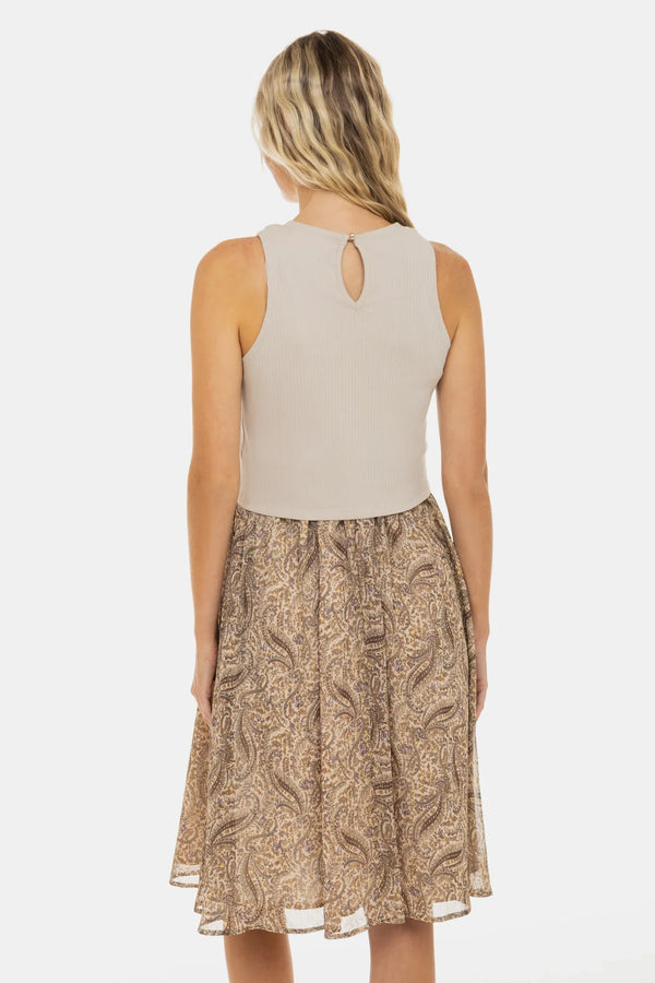 Rochie elegantă cu top din bumbac rib și fustă vaporoasă - bej