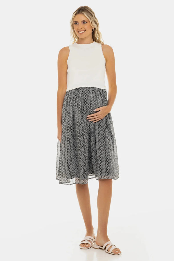 Rochie elegantă cu top alb din bumbac ripsat și fustă vaporoasă