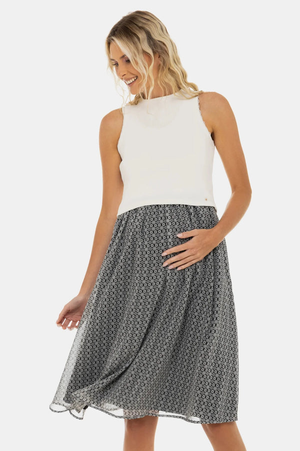 Rochie elegantă cu top alb din bumbac ripsat și fustă vaporoasă