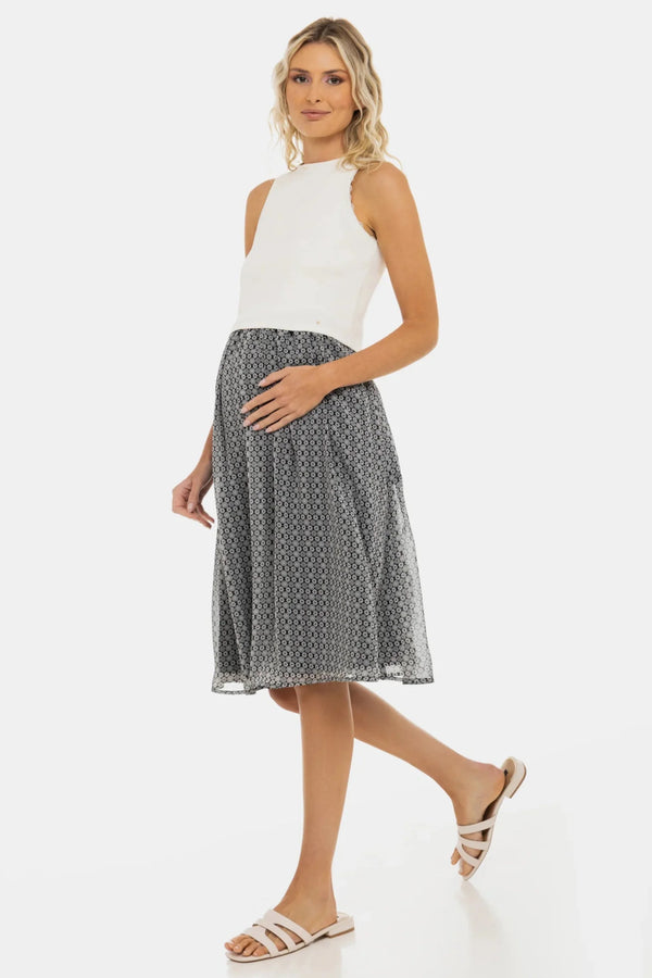 Rochie elegantă cu top alb din bumbac ripsat și fustă vaporoasă