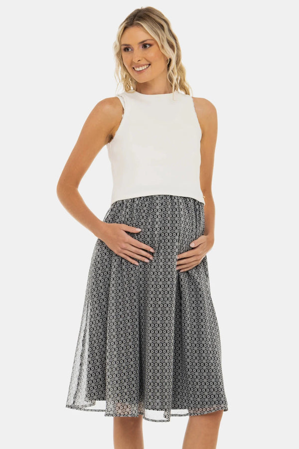 Rochie elegantă cu top alb din bumbac ripsat și fustă vaporoasă