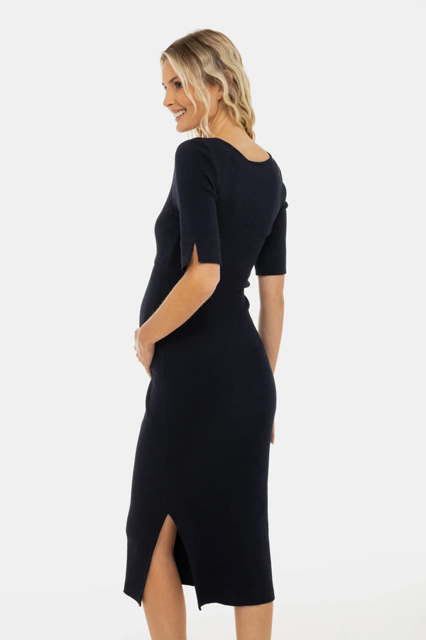 Rochie din rib de bumbac pentru gravide și alăptare – bleumarin