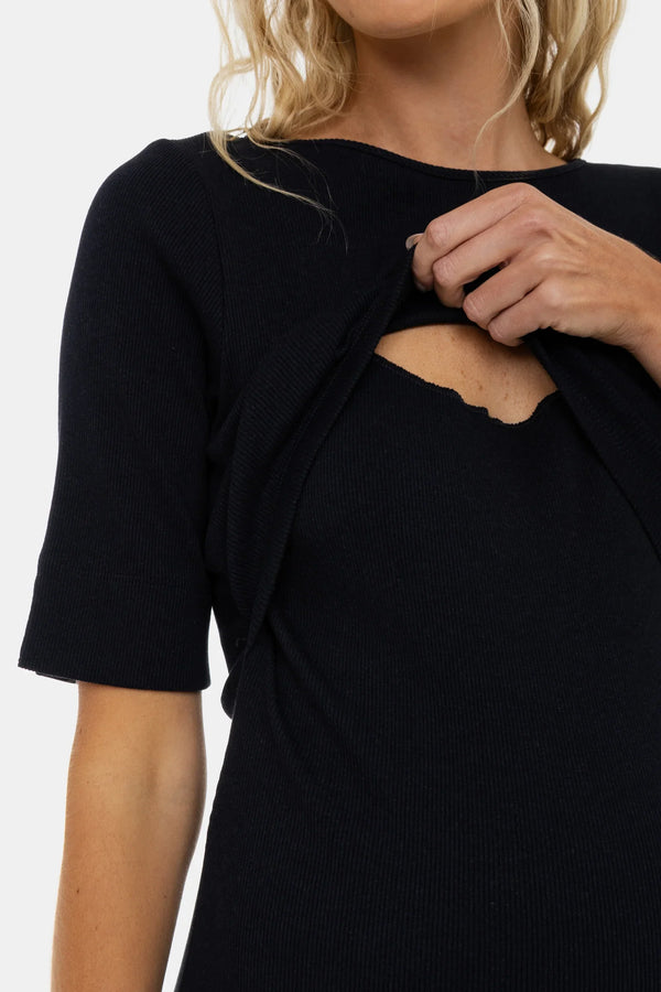 Rochie din rib de bumbac pentru gravide și alăptare – bleumarin