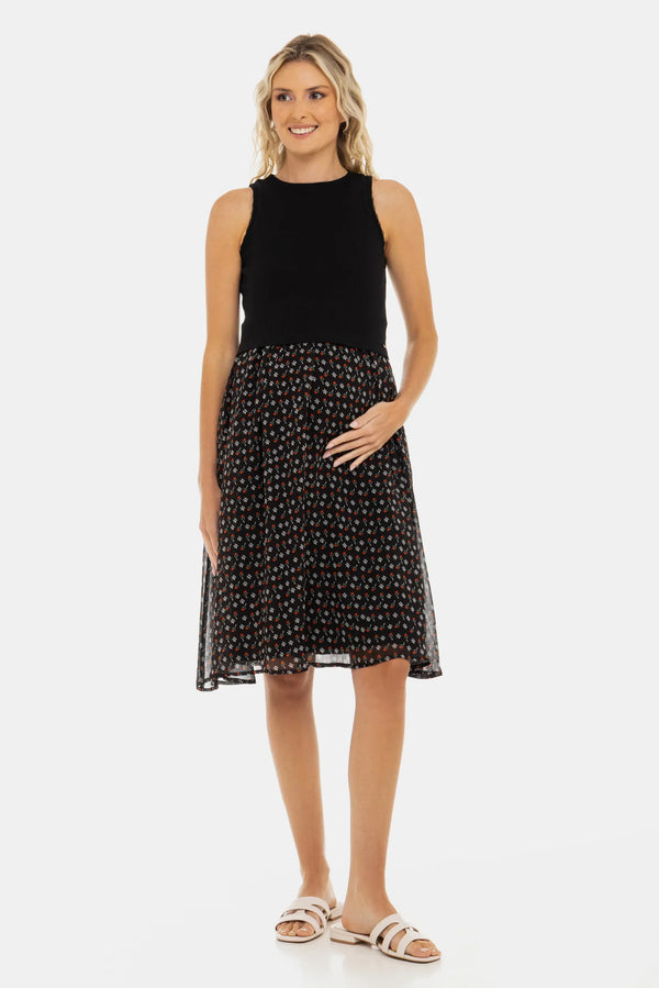 Rochie elegantă cu top negru din bumbac ripsat și fustă vaporoasă cu imprimeu floral