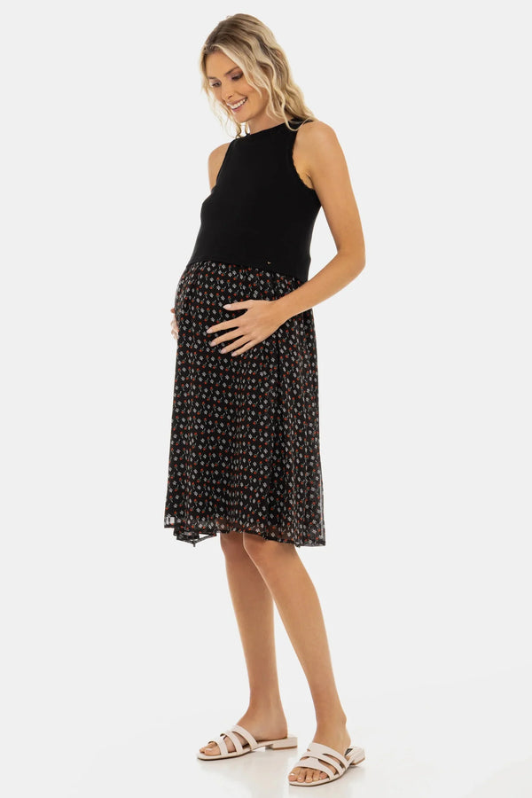 Rochie elegantă cu top negru din bumbac ripsat și fustă vaporoasă cu imprimeu floral