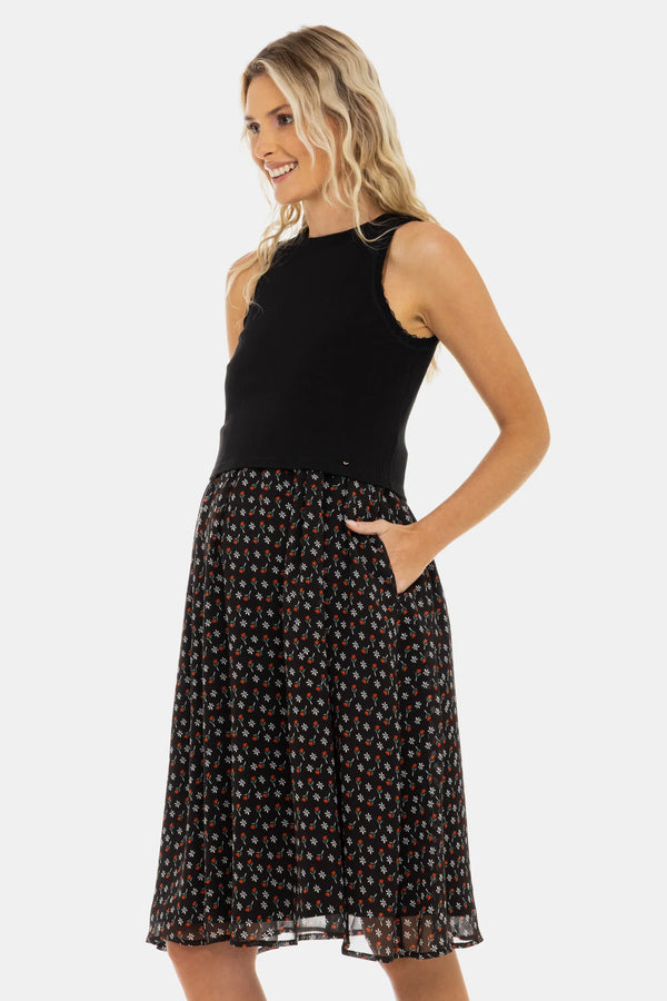 Rochie elegantă cu top negru din bumbac ripsat și fustă vaporoasă cu imprimeu floral