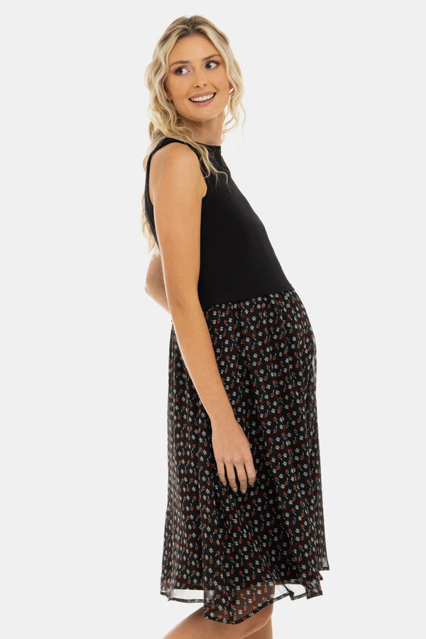 Rochie elegantă cu top negru din bumbac ripsat și fustă vaporoasă cu imprimeu floral