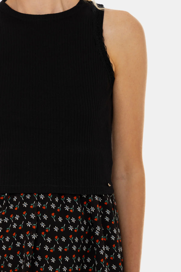 Rochie elegantă cu top negru din bumbac ripsat și fustă vaporoasă cu imprimeu floral
