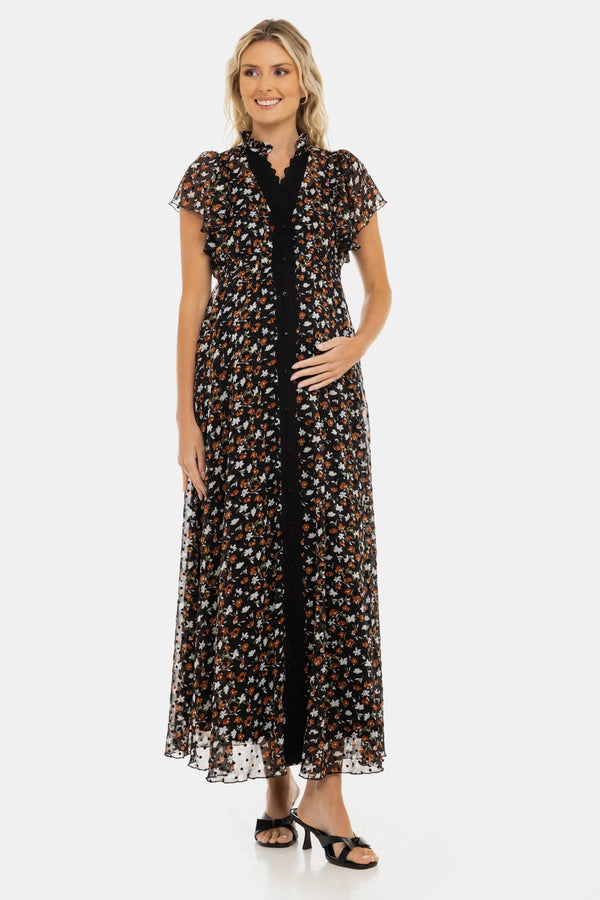 Rochie lungă din șifon cu imprimeu floral mărunt