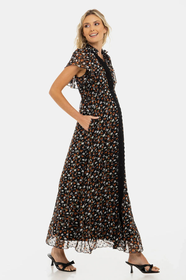Rochie lungă din șifon cu imprimeu floral mărunt