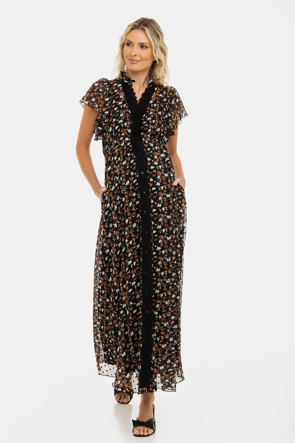 Rochie lungă din șifon cu imprimeu floral mărunt