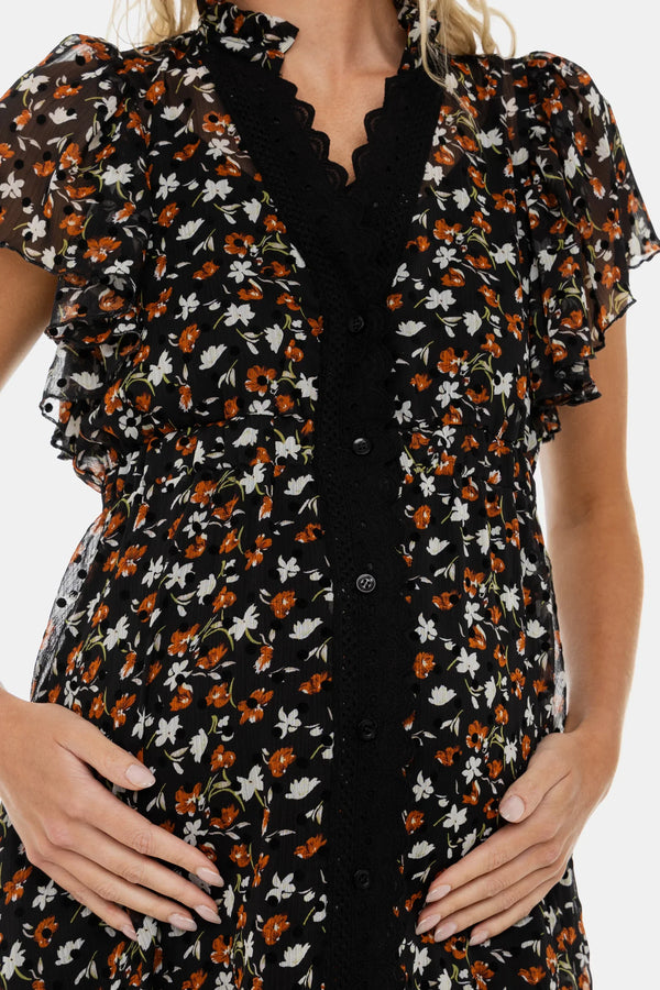 Rochie lungă din șifon cu imprimeu floral mărunt