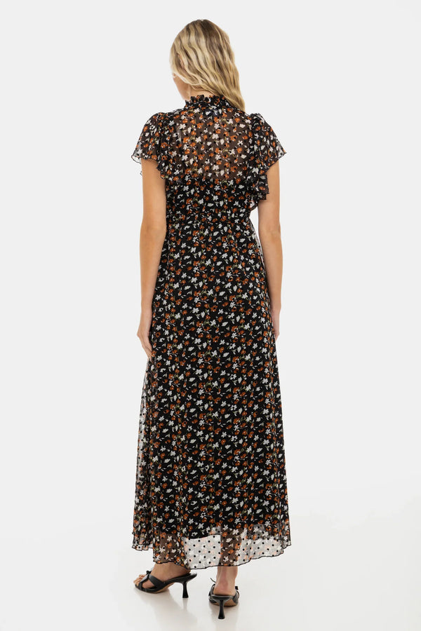 Rochie lungă din șifon cu imprimeu floral mărunt