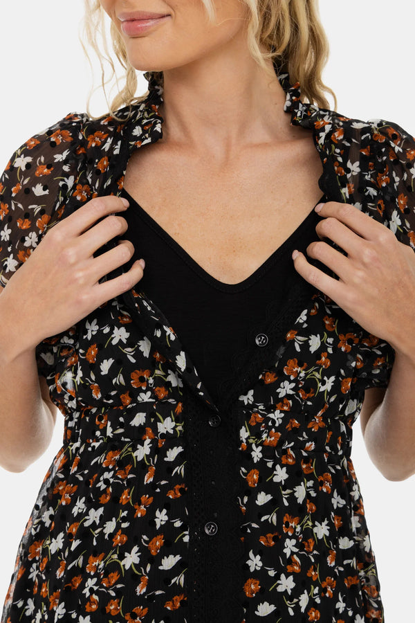 Rochie lungă din șifon cu imprimeu floral mărunt