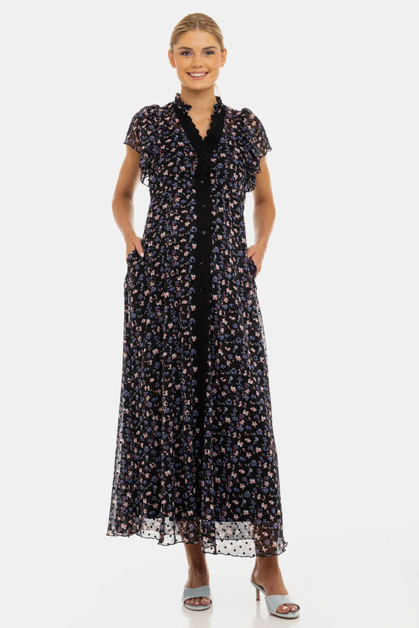 Rochie lungă din șifon cu imprimeu floral mărunt - lavandă