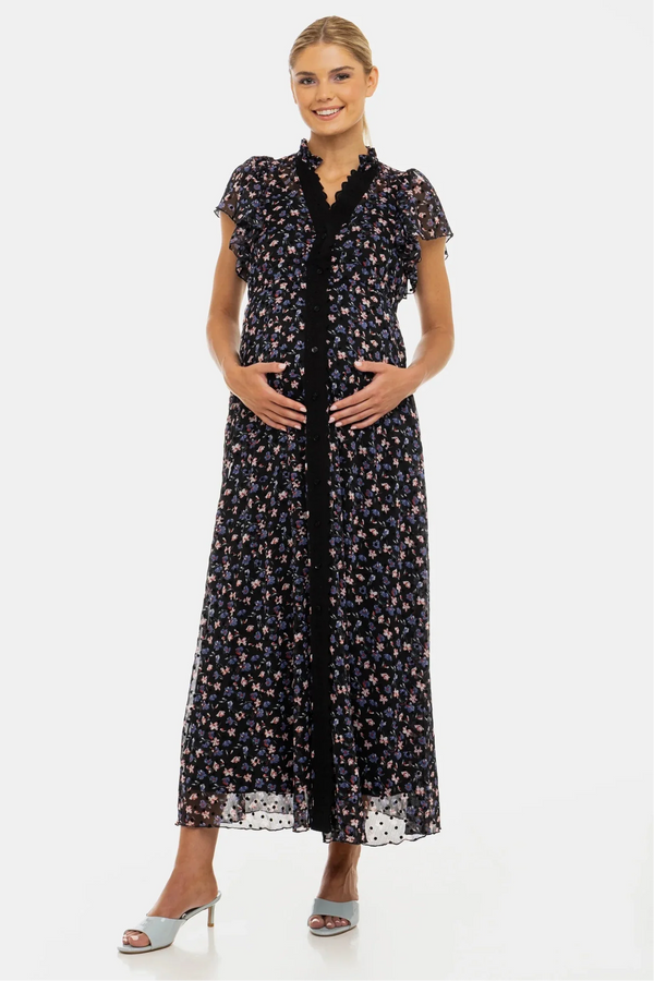Rochie lungă din șifon cu imprimeu floral mărunt - lavandă