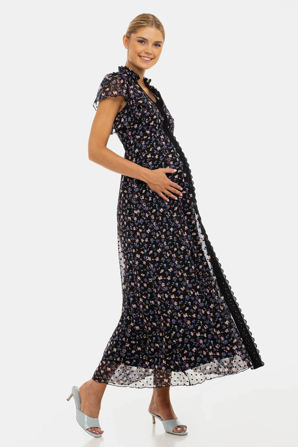 Rochie lungă din șifon cu imprimeu floral mărunt - lavandă