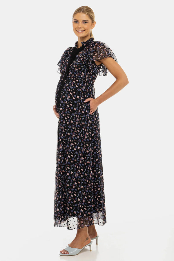 Rochie lungă din șifon cu imprimeu floral mărunt - lavandă