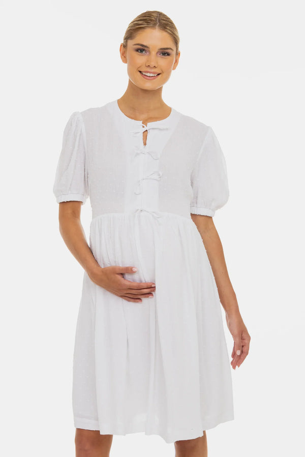 Rochie pentru gravide și alăptare cu fundițe - albă