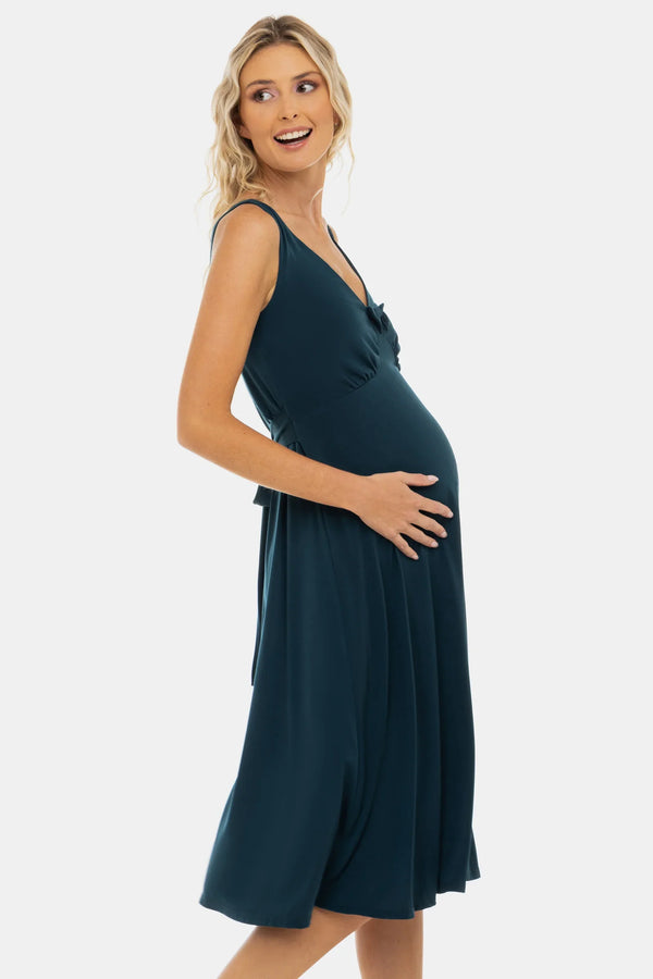 Rochie vaporoasă pentru gravide cu volane și fundă – turcoaz