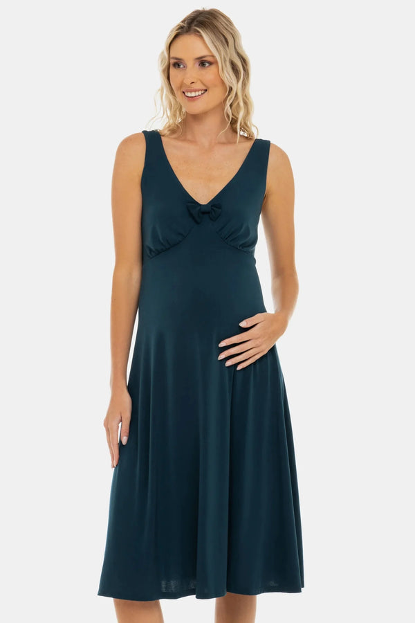 Rochie vaporoasă pentru gravide cu volane și fundă – turcoaz