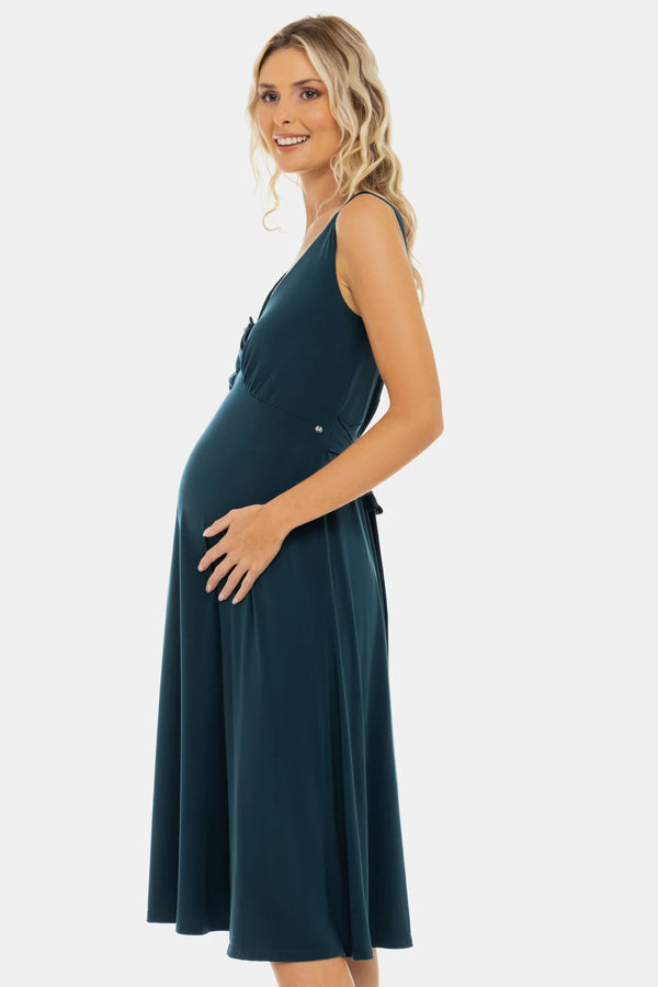 Rochie vaporoasă pentru gravide cu volane și fundă – turcoaz