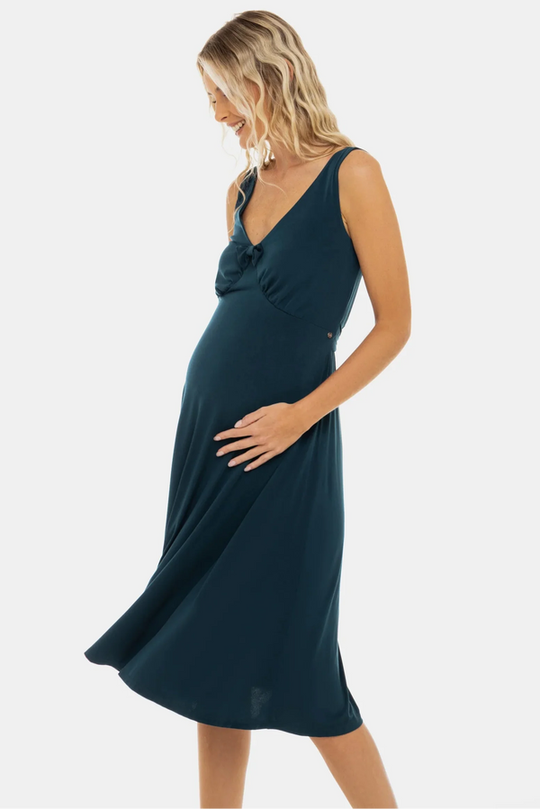 Rochie vaporoasă pentru gravide cu volane și fundă – turcoaz