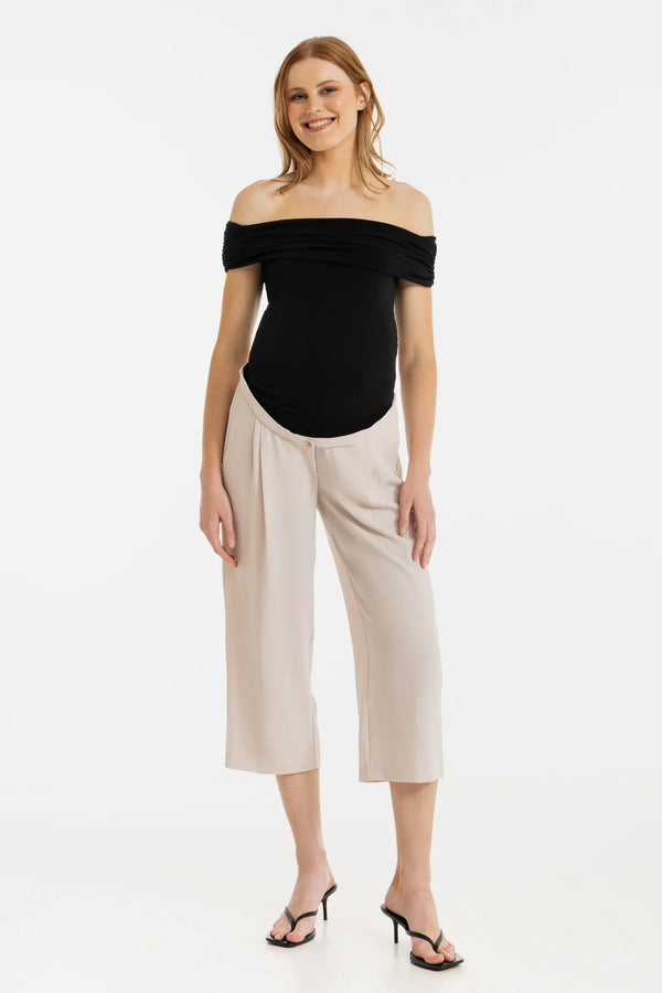 Pantaloni eleganți 7/8 cu pliuri pentru gravide – bej