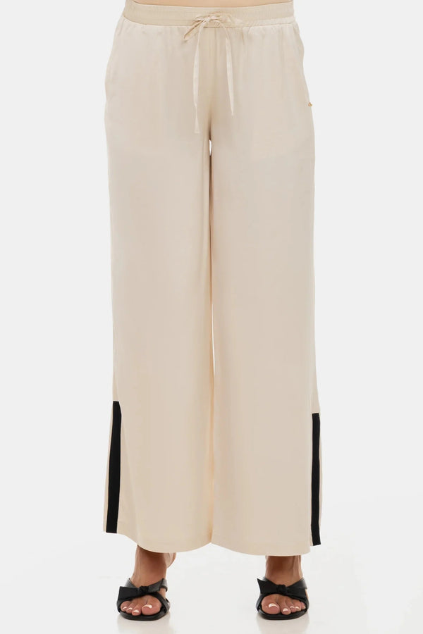 Pantaloni satinati pentru gravide cu tivuri contrastante