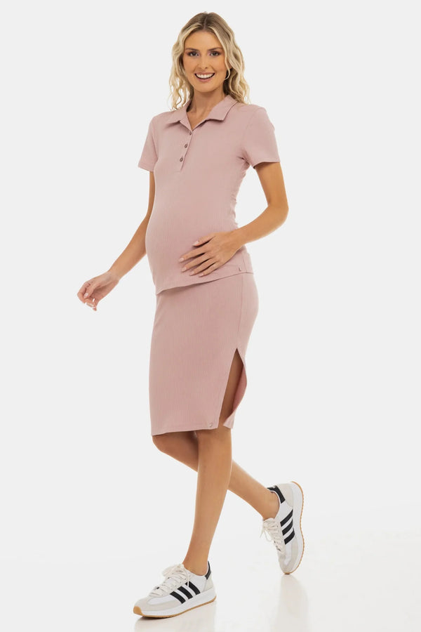 Bluză din bumbac rib pentru gravide și alăptare - roz pudră