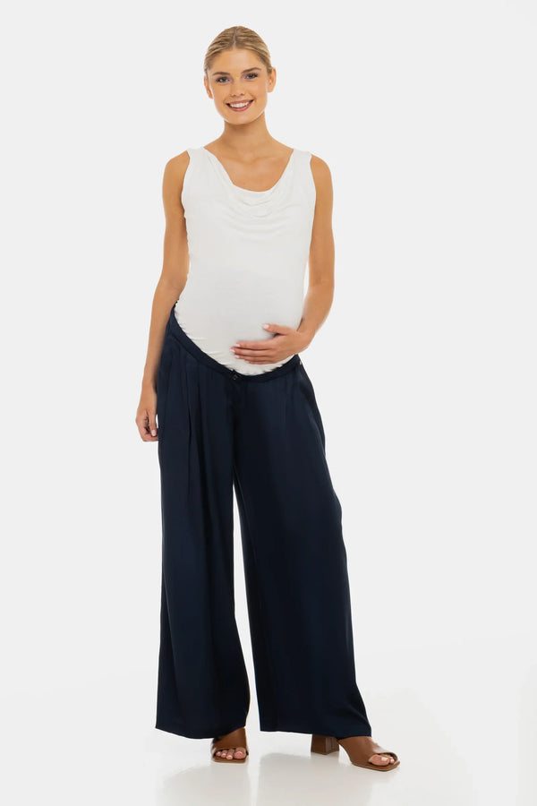 Pantaloni din satin cu pliuri pentru gravide – bleumarin