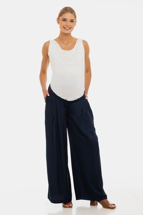 Pantaloni din satin cu pliuri pentru gravide – bleumarin