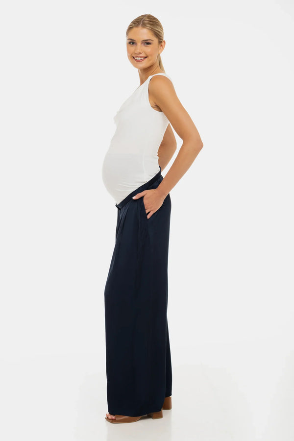 Pantaloni din satin cu pliuri pentru gravide – bleumarin