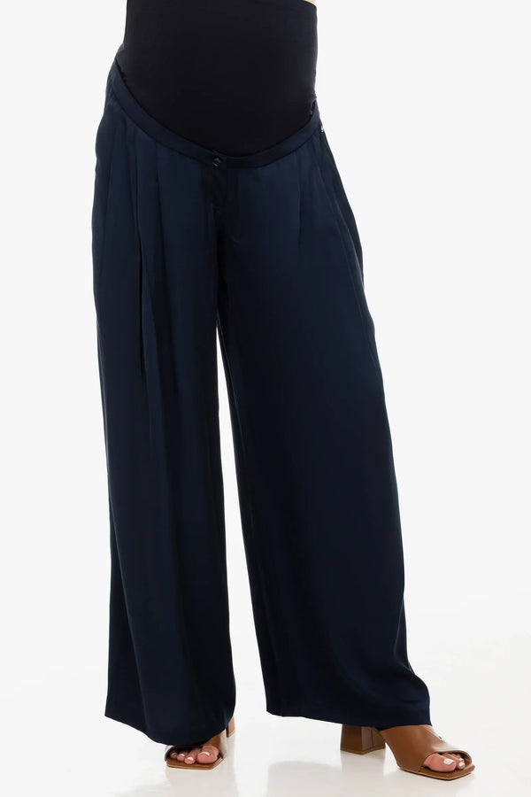 Pantaloni din satin cu pliuri pentru gravide – bleumarin