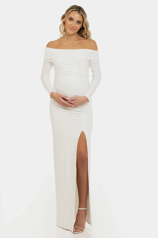 Rochie lungă de mireasă cu umeri goi – ecru