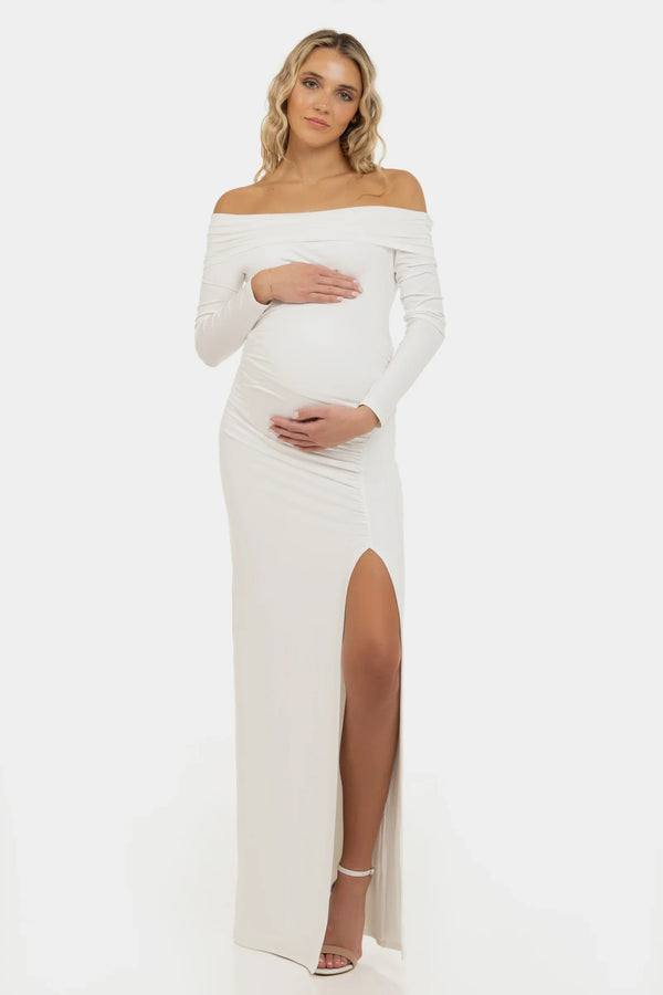 Rochie lungă de mireasă cu umeri goi – ecru