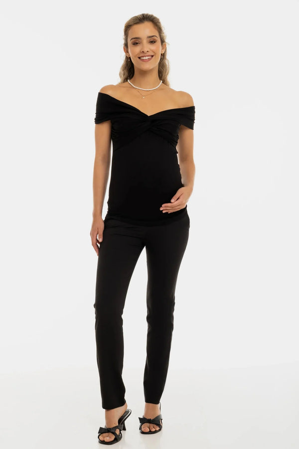 Bluză elegantă pentru gravide cu nod decorativ – neagră