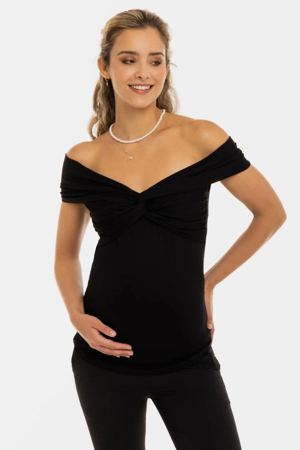 Bluză elegantă pentru gravide cu nod decorativ – neagră