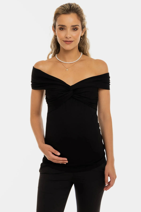 Bluză elegantă pentru gravide cu nod decorativ – neagră